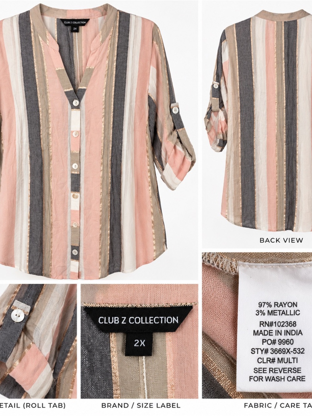 Club Z Collection Striped Metallic Button Front Tunic Blouse Size 2X